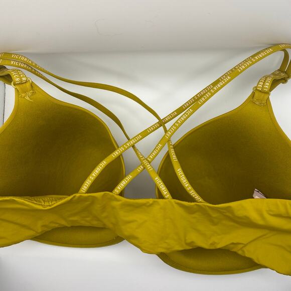 Victoria’s Secret 38DDD Mustard Yellow T-Shirt Demi Bra Logo Strap Crisscross - Picture 2 of 5